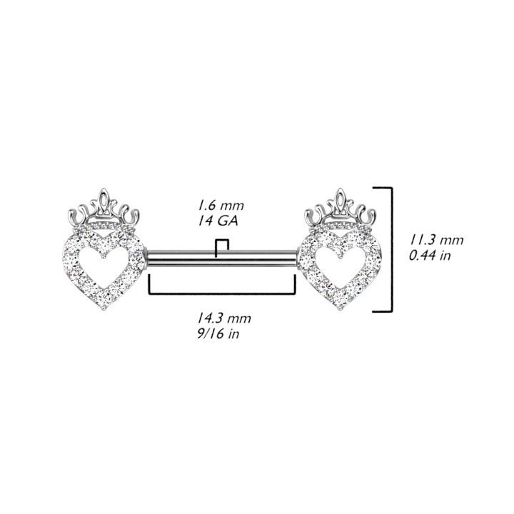Piercing téton cœur couronne zircon – Barre acier chirurgical