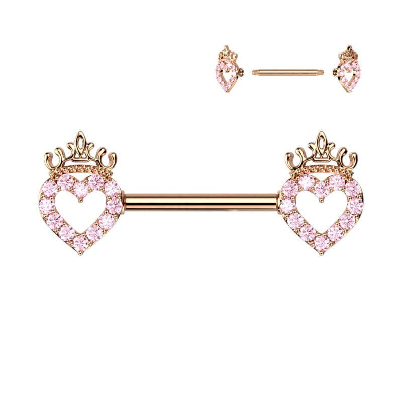 Piercing téton acier rose gold coeurs et couronnes