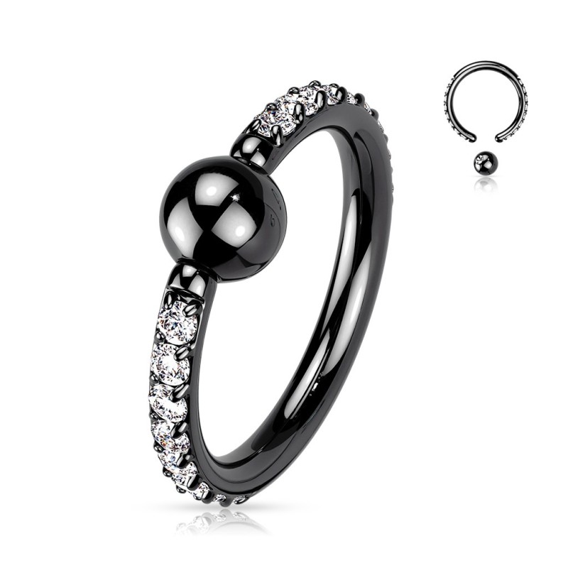 Piercing anneau boule captive titane noir pavé de zircons