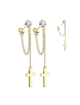 Boucles d’oreilles dorées chaînes & croix – Acier inoxydable
