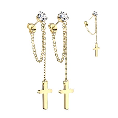 Boucles d’oreilles dorées chaînes & croix – Acier inoxydable