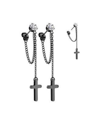 Boucles d’oreilles acier noir chaînes & croix – Style rock élégant