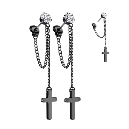 Boucles d’oreilles acier noir chaînes & croix – Style rock élégant