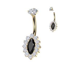 Piercing nombril titane doré PVD zircon noir marquise