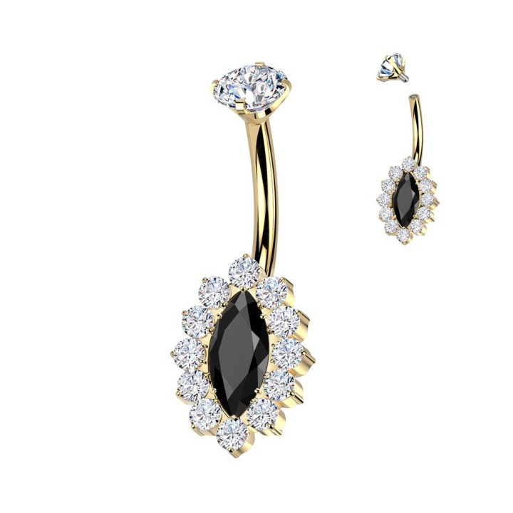 Piercing nombril titane doré PVD zircon noir marquise