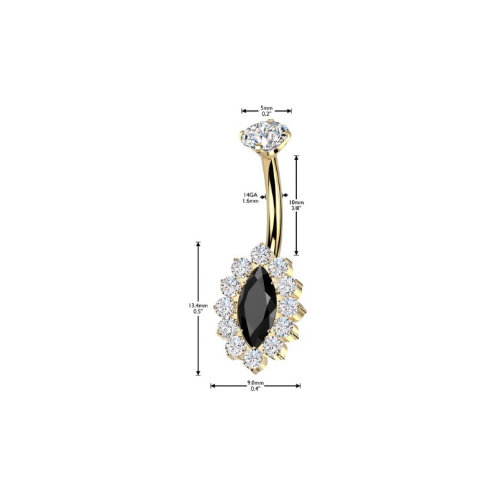 Piercing nombril titane doré PVD zircon noir marquise