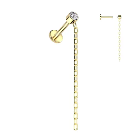 Piercing Labret Hélix Titane Doré PVD – Chaîne & Zircon