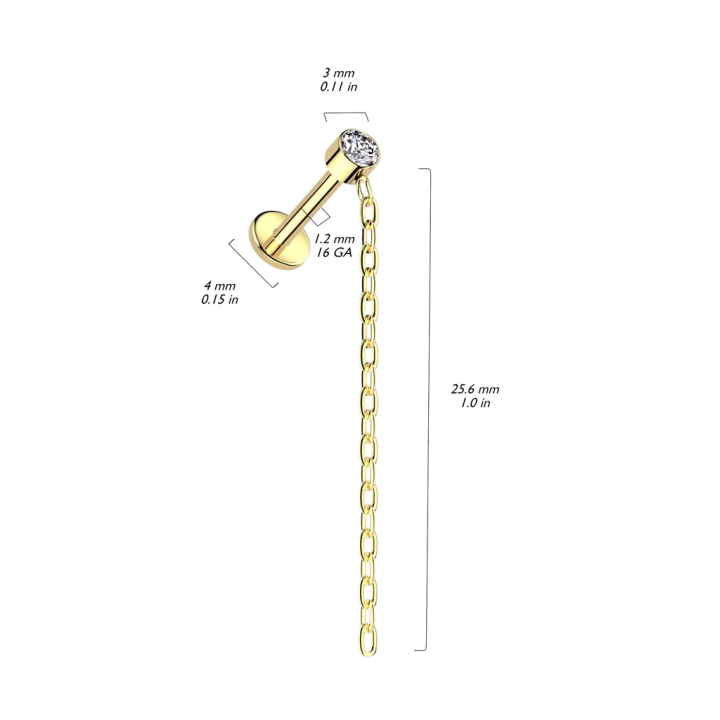Piercing Labret Hélix Titane Doré PVD – Chaîne & Zircon