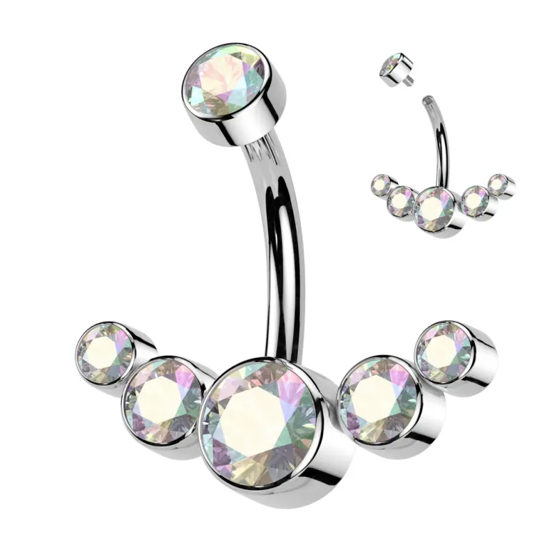 Piercing nombril titane incurvé zircons aurore boréale