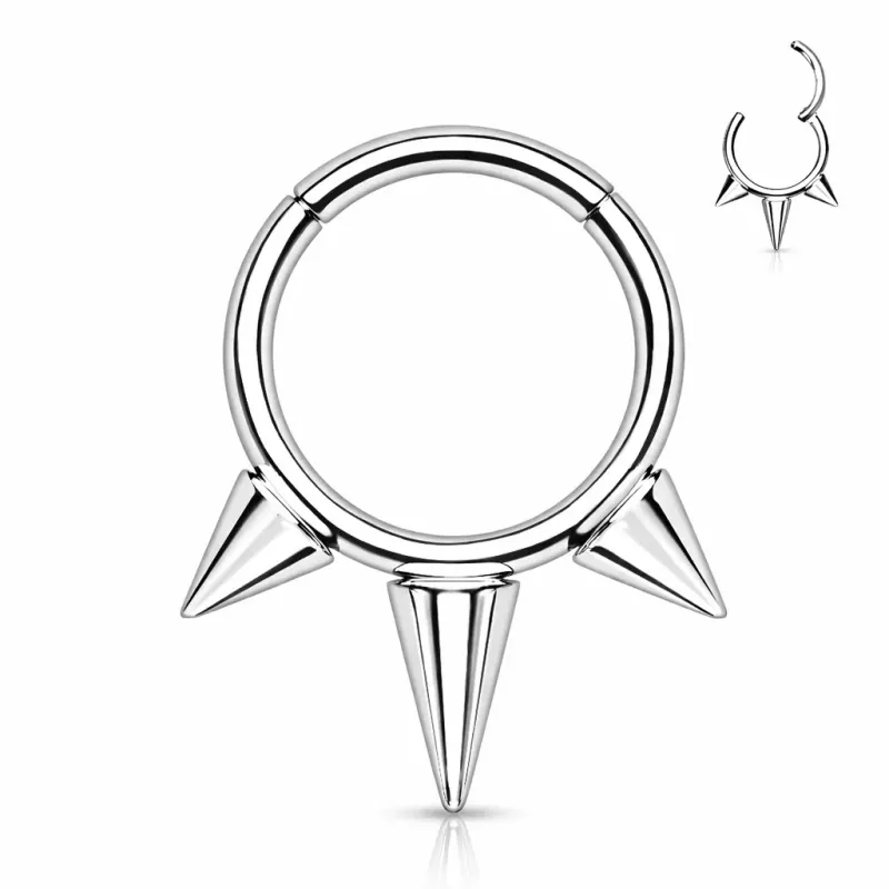 Anneau oreille et septum titane argenté 3 spikes