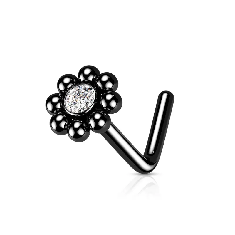 Piercing nez tige en L noir fleur perlée