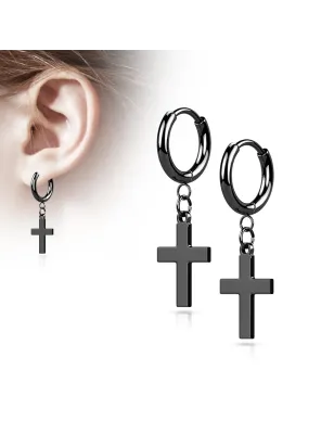Boucles d’oreilles créoles croix noires en acier inoxydable