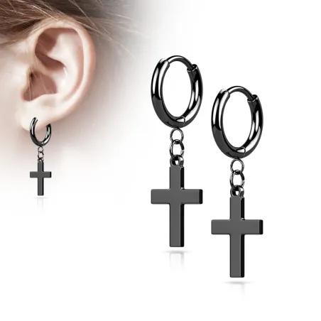 Boucles d’oreilles créoles croix noires en acier inoxydable