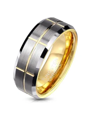 Bague Tungstène Argent et Or Homme – Design Géométrique