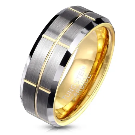 Bague Tungstène Argent et Or Homme – Design Géométrique