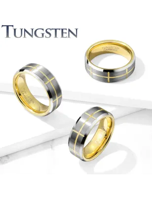 Bague Tungstène Argent et Or Homme – Design Géométrique