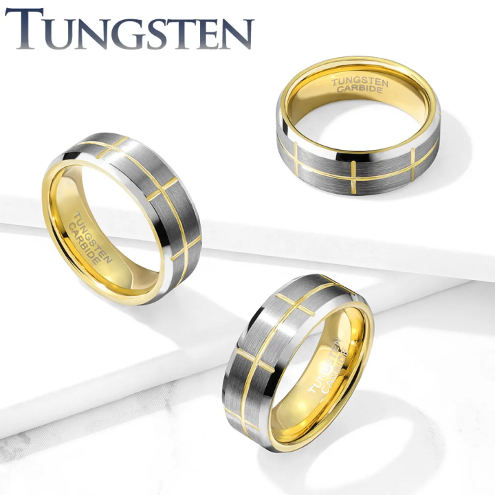 Bague Tungstène Argent et Or Homme – Design Géométrique