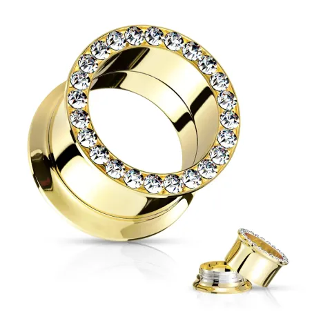 Tunnel acier doré PVD cristaux – Bijou de piercing élégant