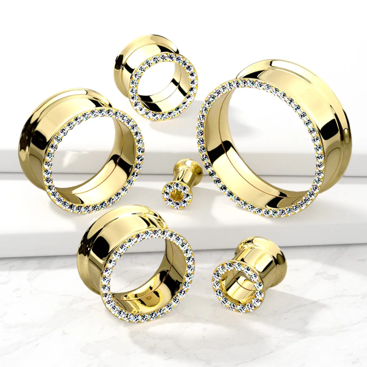 Tunnel acier doré PVD cristaux – Bijou de piercing élégant
