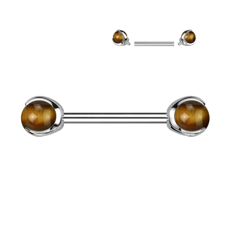 Piercing téton en titane avec pierres oeil de tigre Piercing téton en titane avec pierres oeil de tigre
