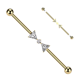 Piercing industriel doré PVD titane nœud papillon zircon