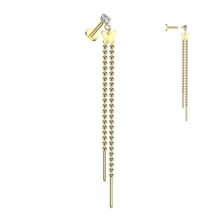 Piercing oreille papillon doré PVD acier – chaînes pendantes