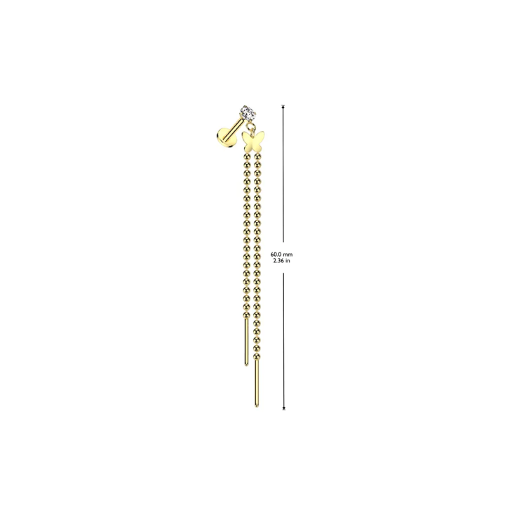 Piercing oreille papillon doré PVD acier – chaînes pendantes
