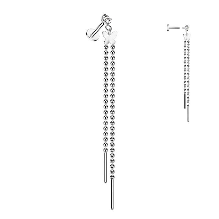 Piercing oreille papillon argent acier – chaînes pendantes