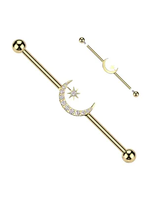 Piercing industriel doré titane ASTM F136 lune étoile zircon