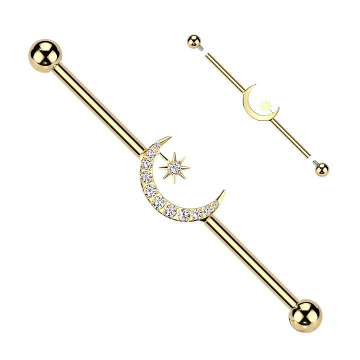 Piercing industriel doré titane ASTM F136 lune étoile zircon
