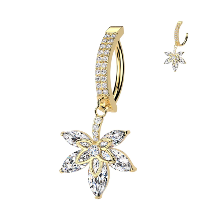Piercing nombril doré PVD acier 316L clicker fleur zircon