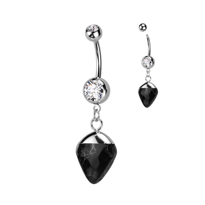 Piercing nombril acier 316L agate noire pendentif zircon