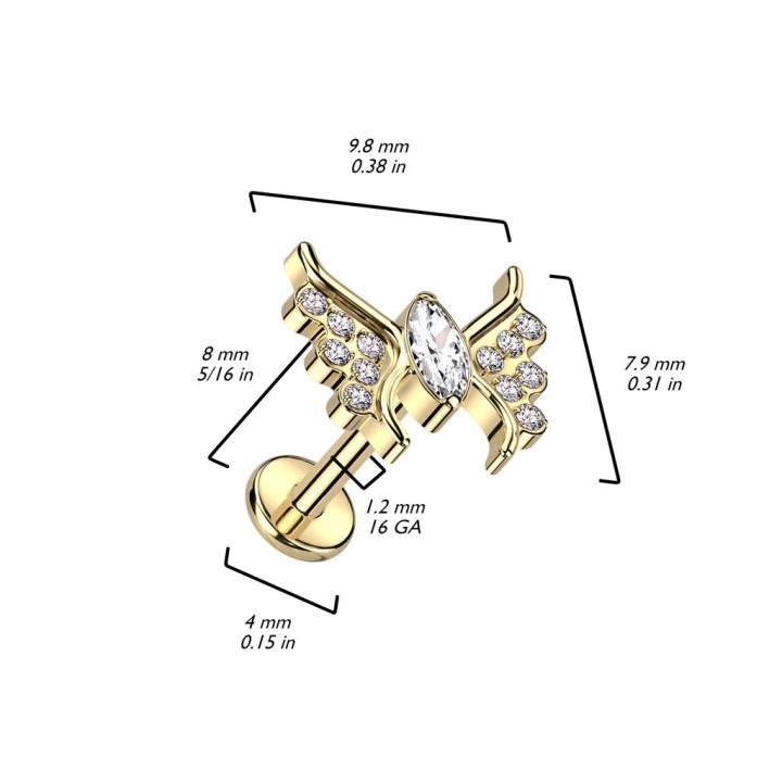 Labret titane doré PVD papillon zircon – 6 mm & 8 mm