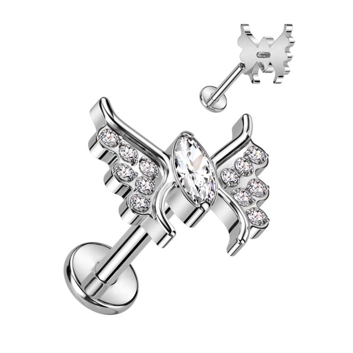Labret titane argenté papillon zircon – 6 mm & 8 mm
