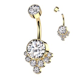 Piercing nombril titane ASTM F136 doré PVD cluster zircons