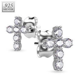 Paire boucles d'oreille argent croix pavée de strass