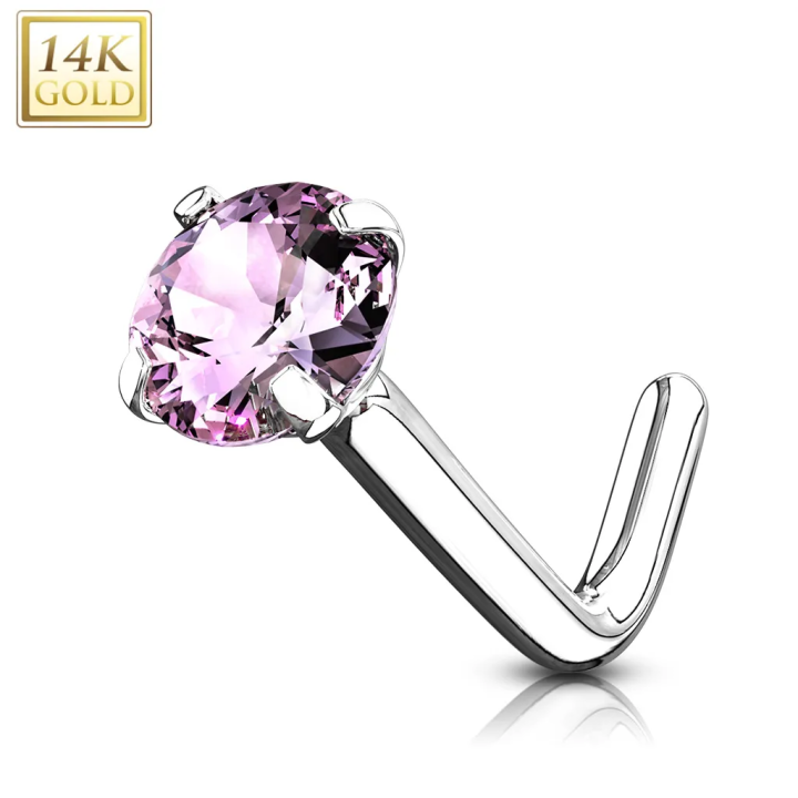 Piercing nez Or blanc 14 carats strass rose tige en L