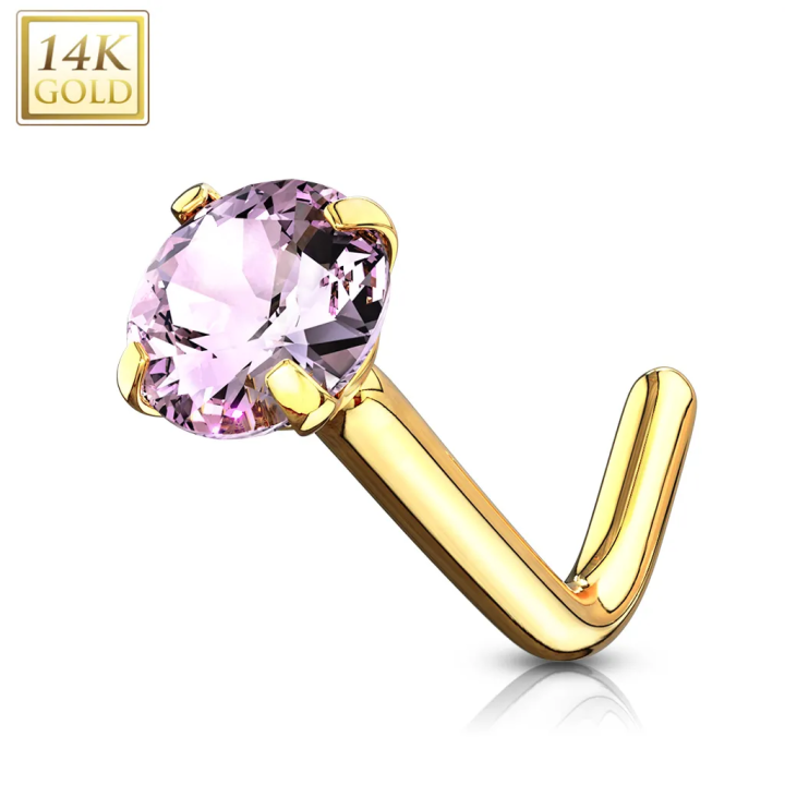 Piercing nez Or jaune 14 carats strass rose tige en L