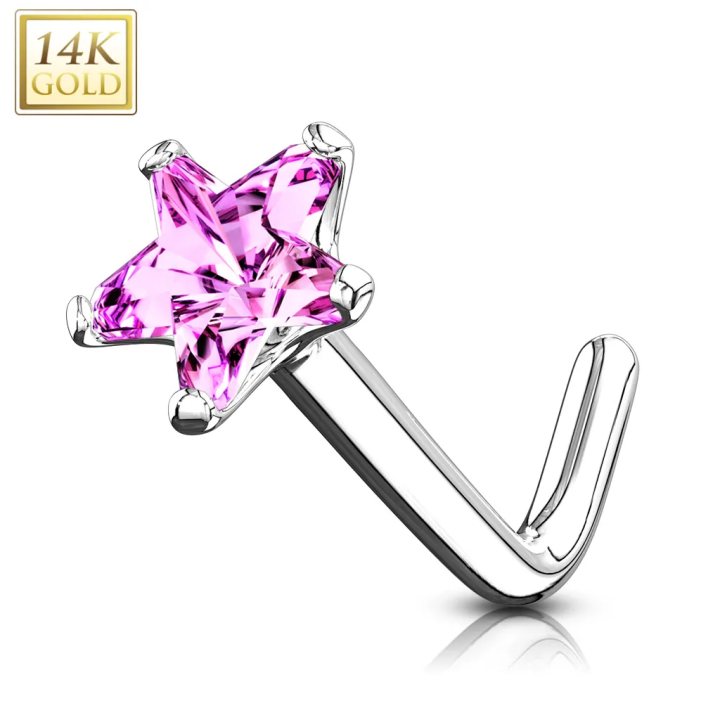 Piercing nez Or blanc 14 carats étoile rose tige en L