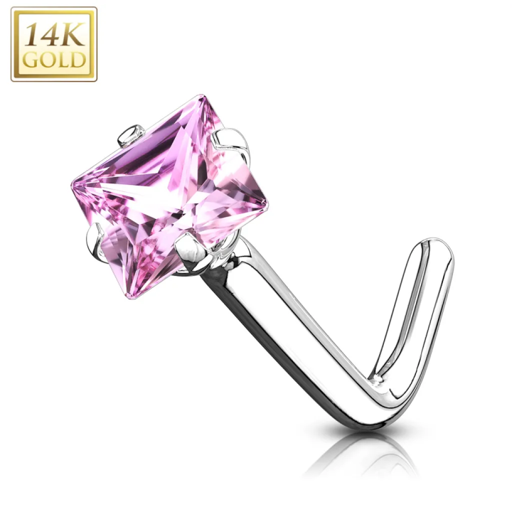 Piercing nez Or blanc 14 carats carré rose tige en L