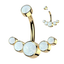 Piercing nombril doré PVD 5 opales synthèse blanc vissage interne titane ASTM F136
