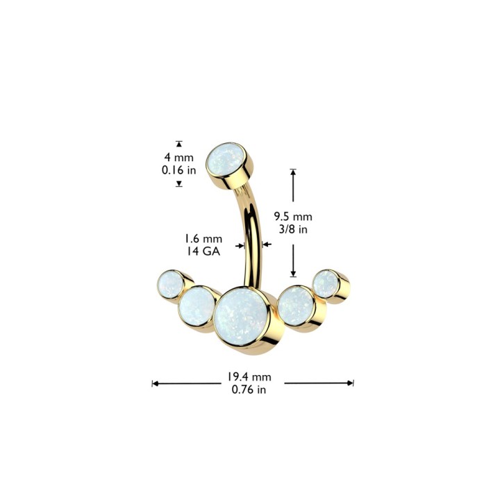 Piercing nombril titane ASTM F136 doré PVD 5 opales synthèse blanc – dimensions 9,5 mm x 19,4 mm
