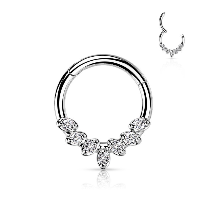 Piercing Daith Septum Anneau Clicker Acier 316L – 7 Zircons Feuilles