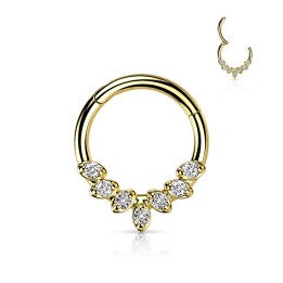 Piercing Daith Septum Anneau Clicker Acier Doré – 7 Zircons Feuilles