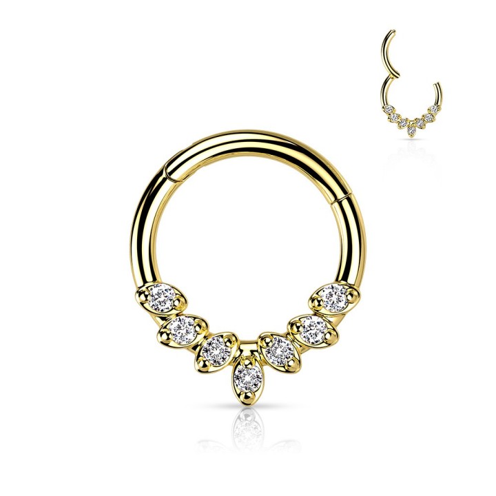 Piercing Daith Septum Anneau Clicker Acier Doré – 7 Zircons Feuilles