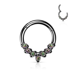 Piercing Daith Septum Anneau Clicker Noir PVD – 7 Zircons Vitrail Feuilles