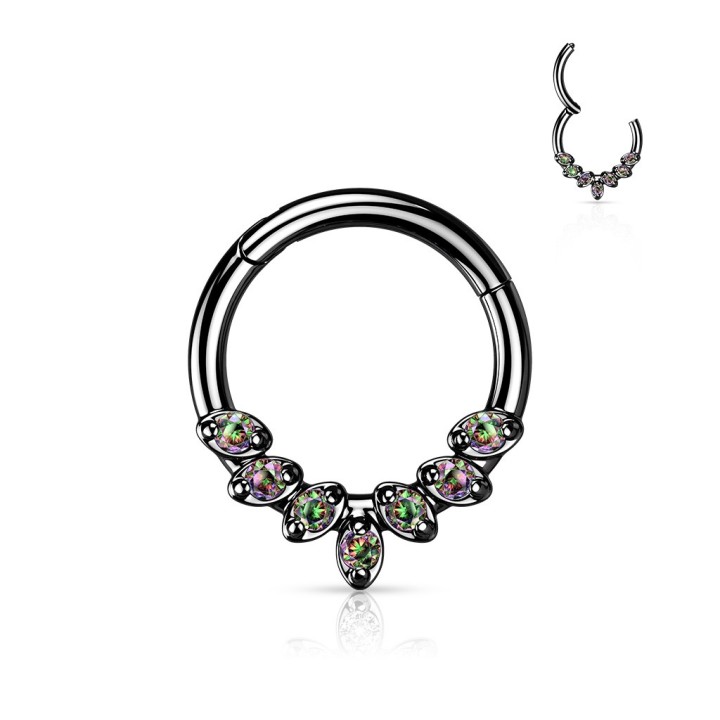 Piercing Daith Septum Anneau Clicker Noir PVD – 7 Zircons Vitrail Feuilles