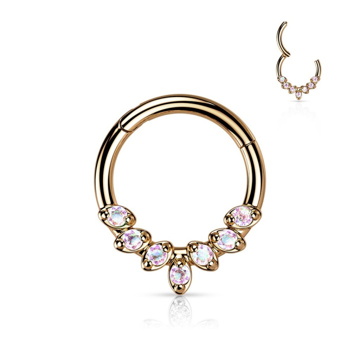 Piercing Daith Septum Anneau Clicker Acier Rosé – 7 Zircons Feuilles