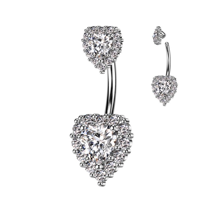 Piercing Nombril Double Cœur Zircons Blancs Acier 316L