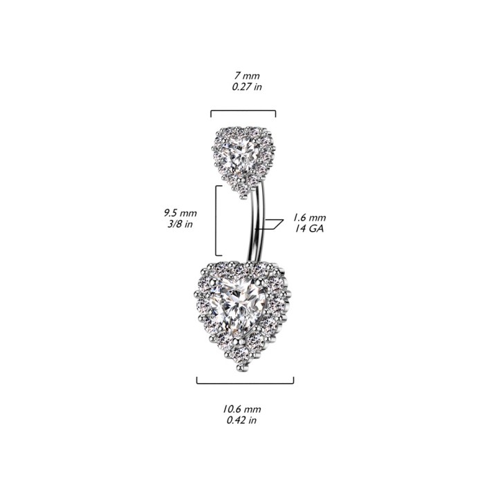 Piercing Nombril Double Cœur Zircons Blancs Acier 316L